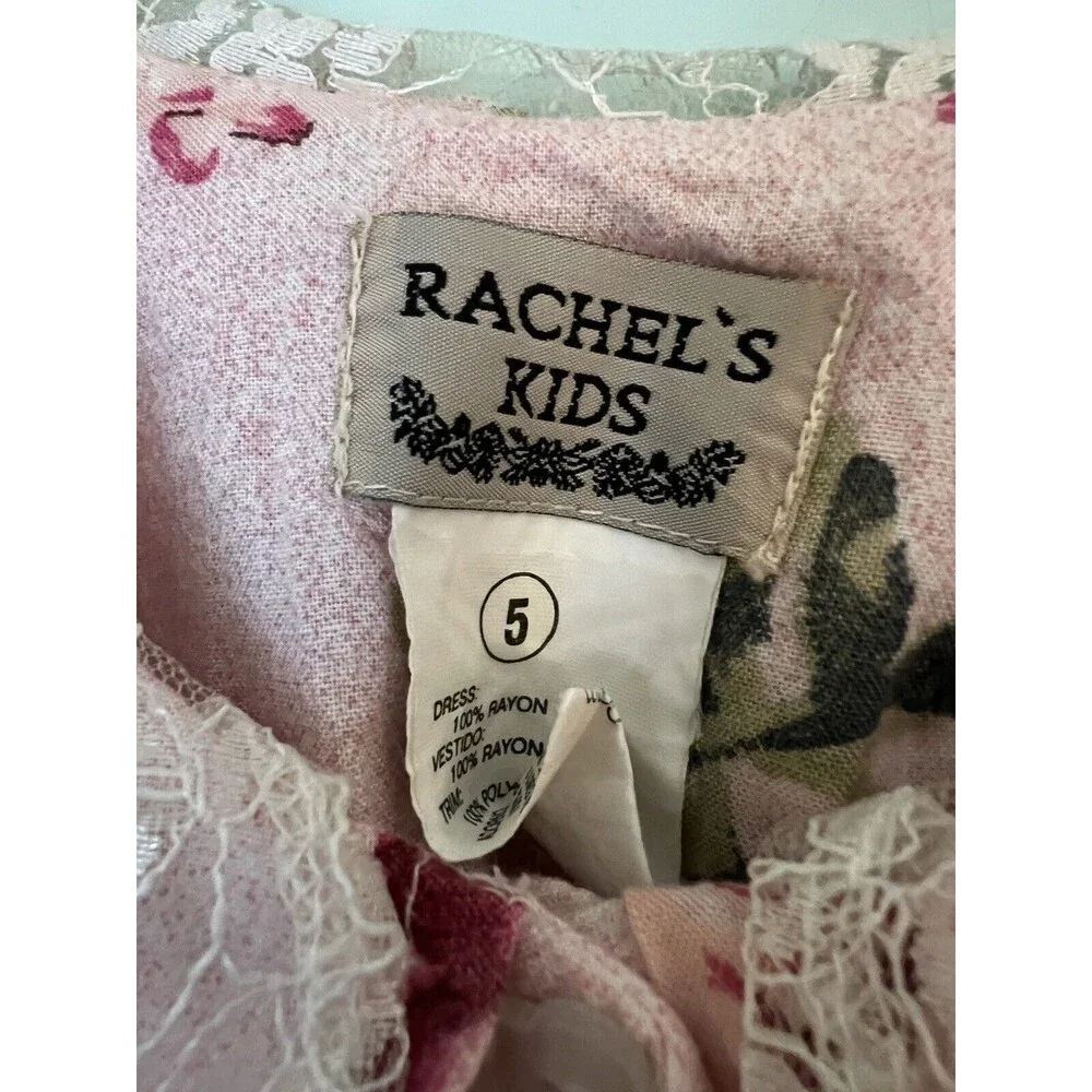 RACHEL’S KIDS Pink Floral 5 Tie Back Dress Garden Cottagecore‎ Vtg